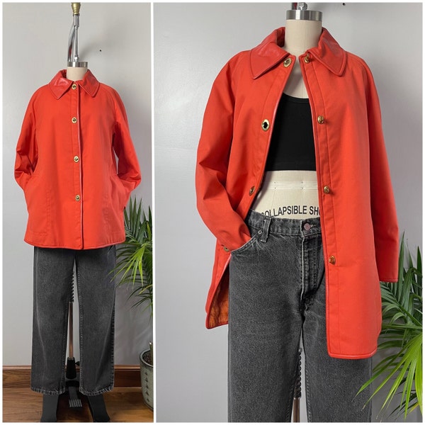 Vintage 60s Canvas and Leather Coat/1960's Sills by Bonnie Cashin Persimmon Orange Leather Trim Fur Lined Mod Coat/MidCentury Swing/Size S