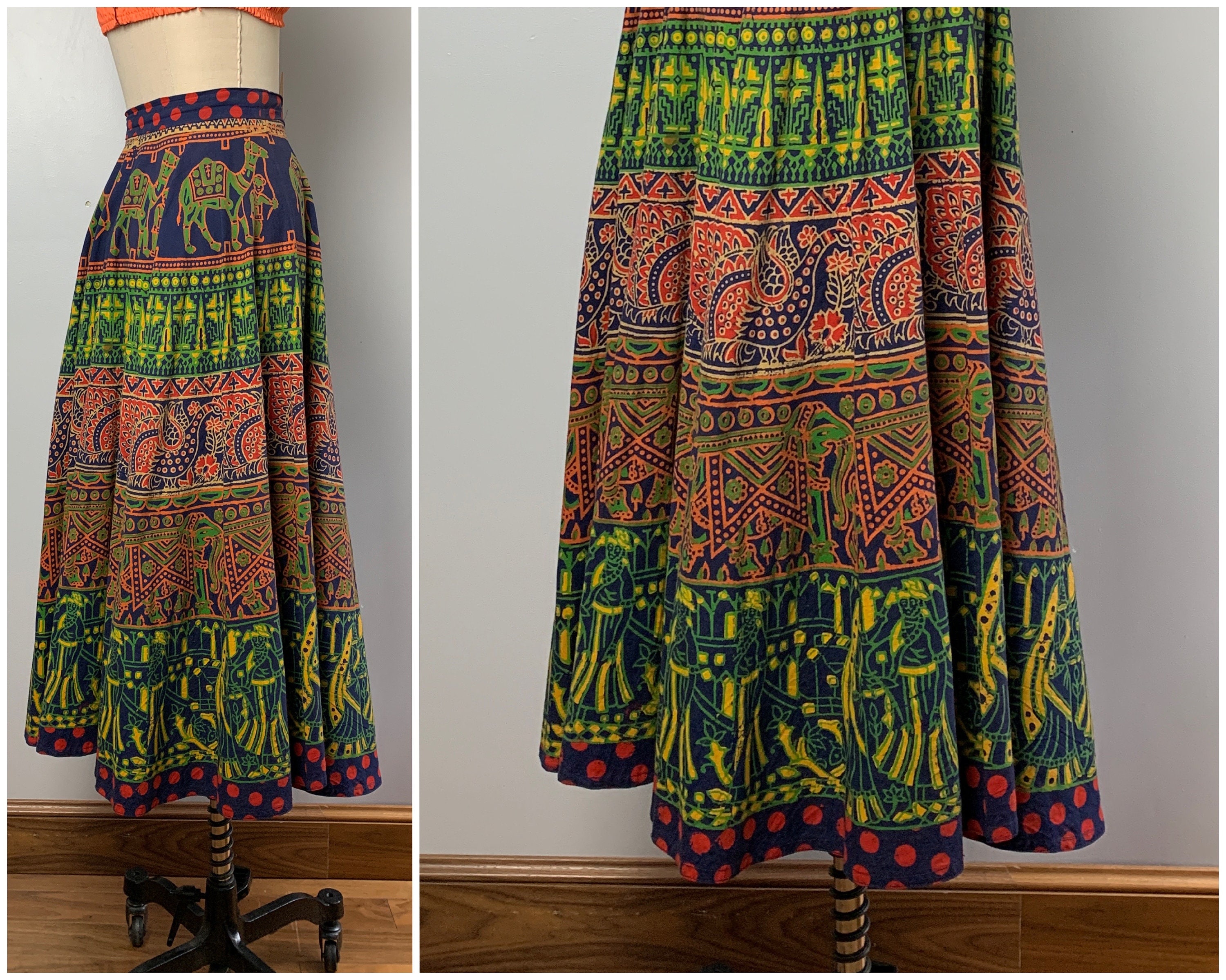 Vintage 70s Cotton Midi Circle Skirt/1970's Mayan Hand - Etsy
