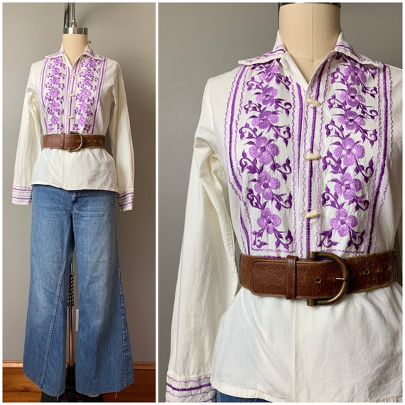 Vintage 1970's embroidered gauze top/70s hand sti… - image 1