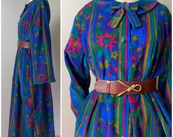 Vintage 1940's corduroy coat/40s 50s styled by Dorian vibrant moody floral and butterfly jacket/bow collar artsy swing coat/size S-M