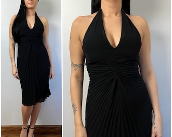 Vintage 90s Pleated Halter Dress/1990&#39;s Joseph Ribhoff Black Pleated Halter Neck Dress/Formal Cocktail Party Dress/Little Black Dress/Size S