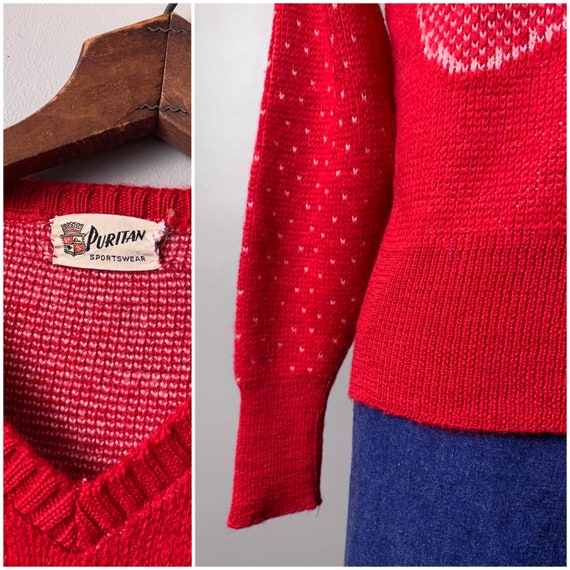 Vintage 1950's Puritan Bird Sweater/50s Red and W… - image 7