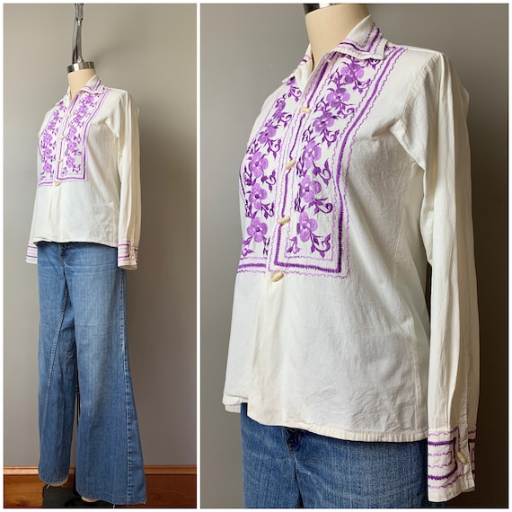 Vintage 1970's embroidered gauze top/70s hand sti… - image 4