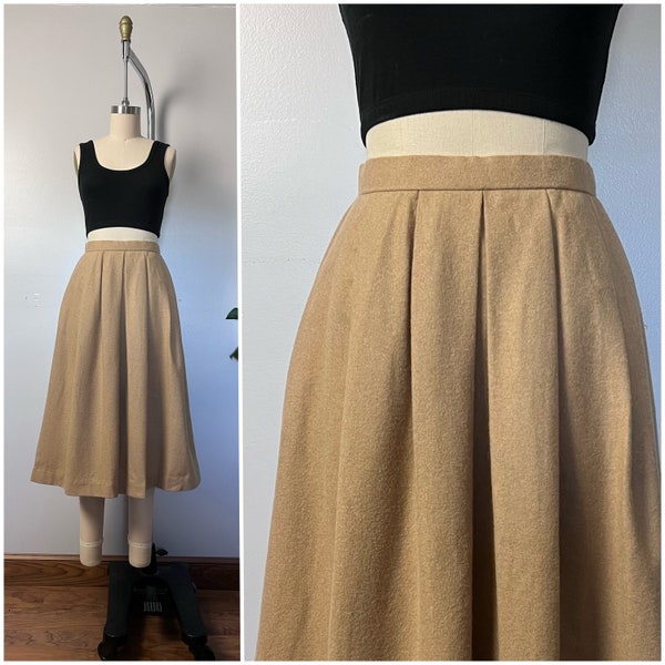 Vintage 90s Wool Midi Skirt/1990s Camel Beige Wool Pleated Full Midi Skirt/Fall Winter Wool Skirt/Size XS 24" Waist