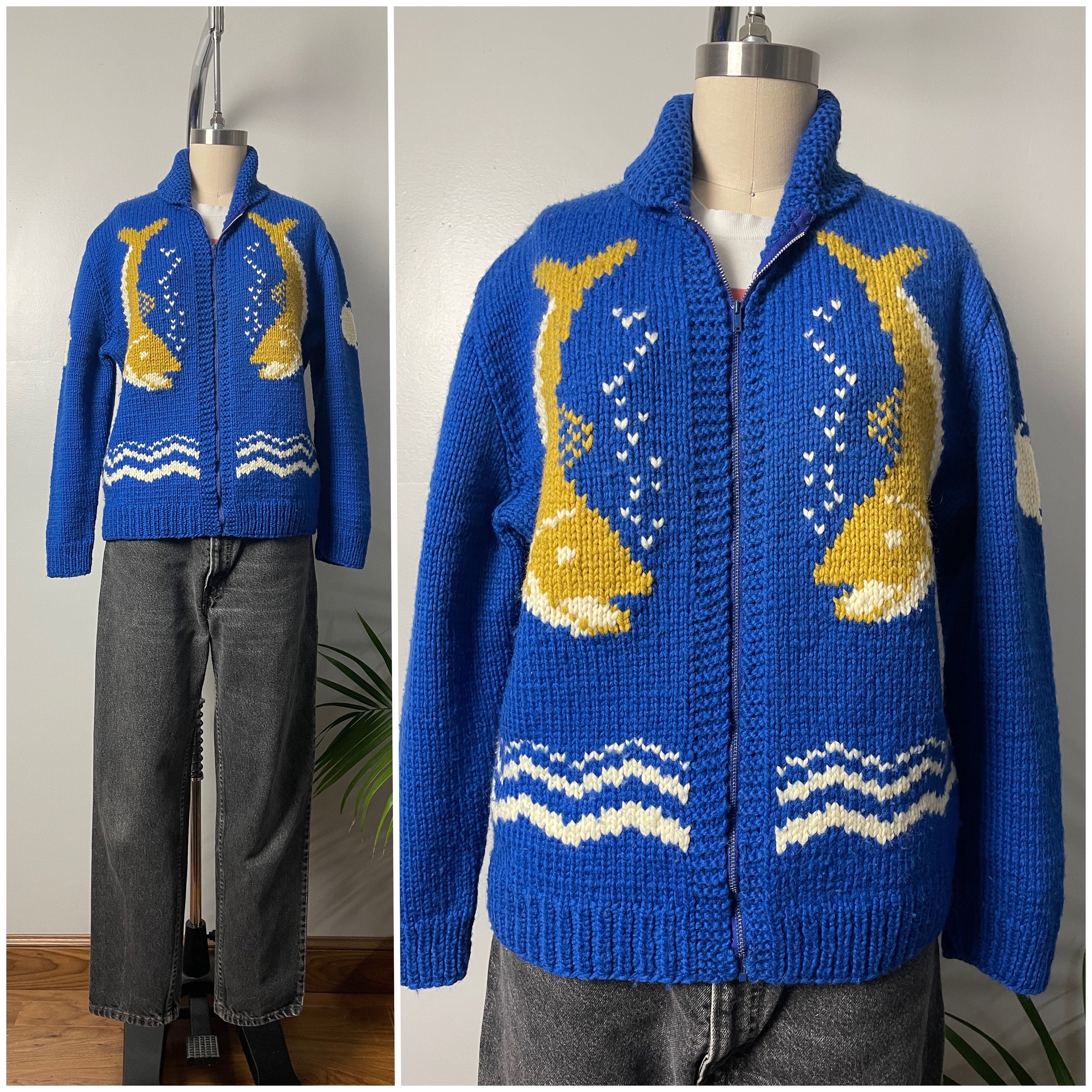 Vintage 60s Fish Cowichan Cardigan/1960's Handmade by Tanya Zip Front Chuck  Bass Fishing Sweater Jacket/size XS-S 