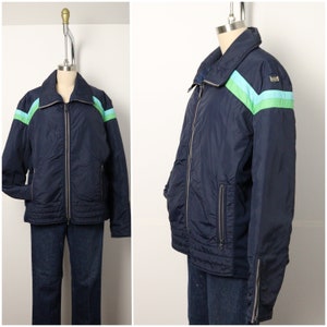 Vintage 1980's Ski Jacket/70s 80s Slalom Navy Blue Striped Winter Coat/Snow Cold Weather Puffer Jacket/Made in the USA/Size M-L
