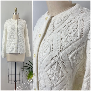 Vintage 60s Pointelle Cardigan/1960&#39;s Wintuk Orlon Acrylic White Diamond Knit Pointelle Button Front Sweater/Mid Century Jumper/Size XS-S