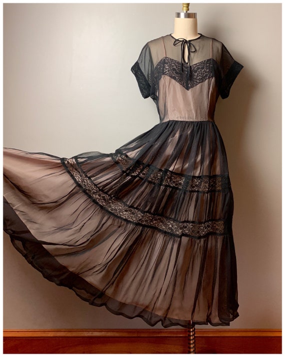 Vintage 1940's Party Lines dress/40s sheer black … - image 5