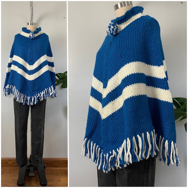 Vintage 70s Fringe Wool Poncho/1970's Blue and White Chevron Striped Wool Knit Poncho Cape with Pom/Fall Winter Knit Sweater/Size XS-S