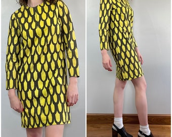 Vintage 1960&#39;s Marimekko dress/60s Marimekko Finland yellow and black mod mini shift/zip front cotton dress/Size XS-S
