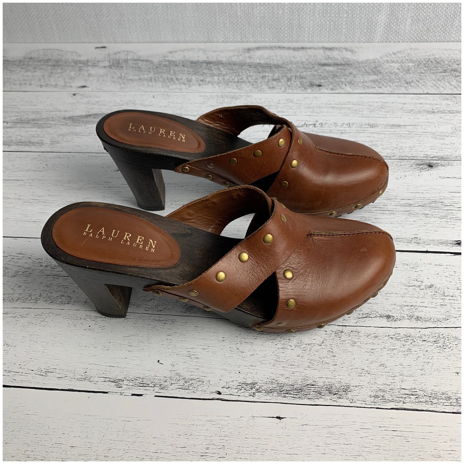 Vintage Studded Leather Clog/lauren Ralph Lauren Camel Brown | Etsy