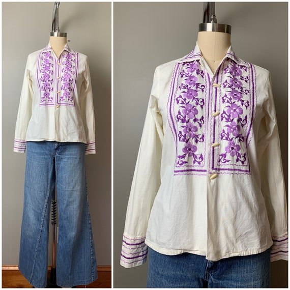 Vintage 1970's embroidered gauze top/70s hand sti… - image 3