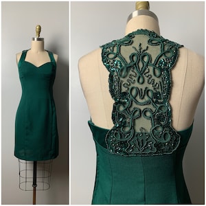 Vintage 1990&#39;s Party Dress/90s Roberta Pine Green Mini Dress with Beaded Sequin Mesh Back/Holiday Party Dance Dress/Size XS 25&quot; waist
