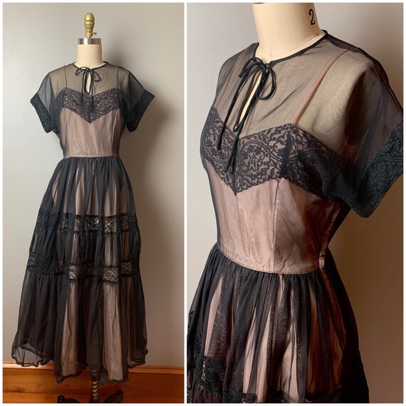 Vintage 1940's Party Lines dress/40s sheer black … - image 4