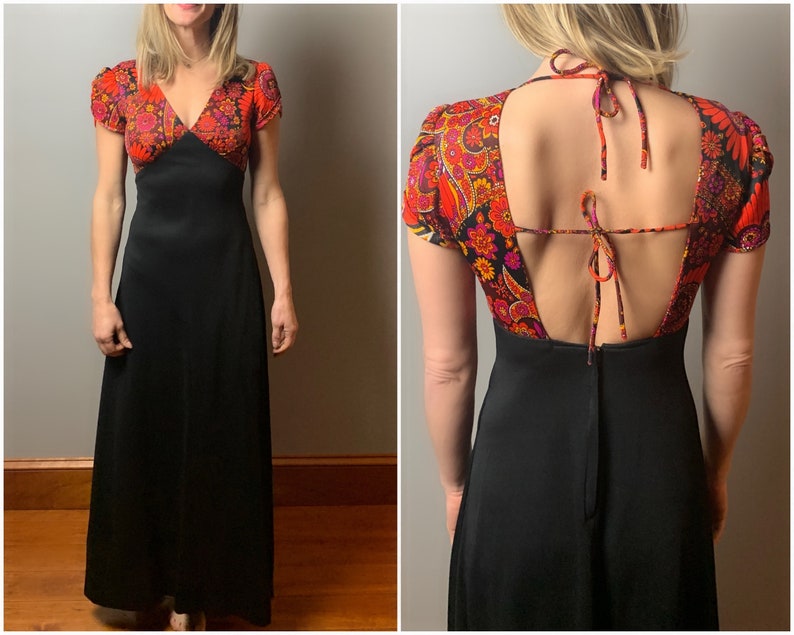 womens size XS 70s tie back maxi dress1970/'s summer orang floral tulip sleeve long dress tie back