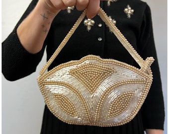 Vintage 60s Beaded Purse/1960's Ivory Pearl and Beaded Hand Bag/Small Mid Century Formal Bag