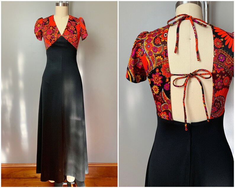 womens size XS 70s tie back maxi dress1970/'s summer orang floral tulip sleeve long dress tie back