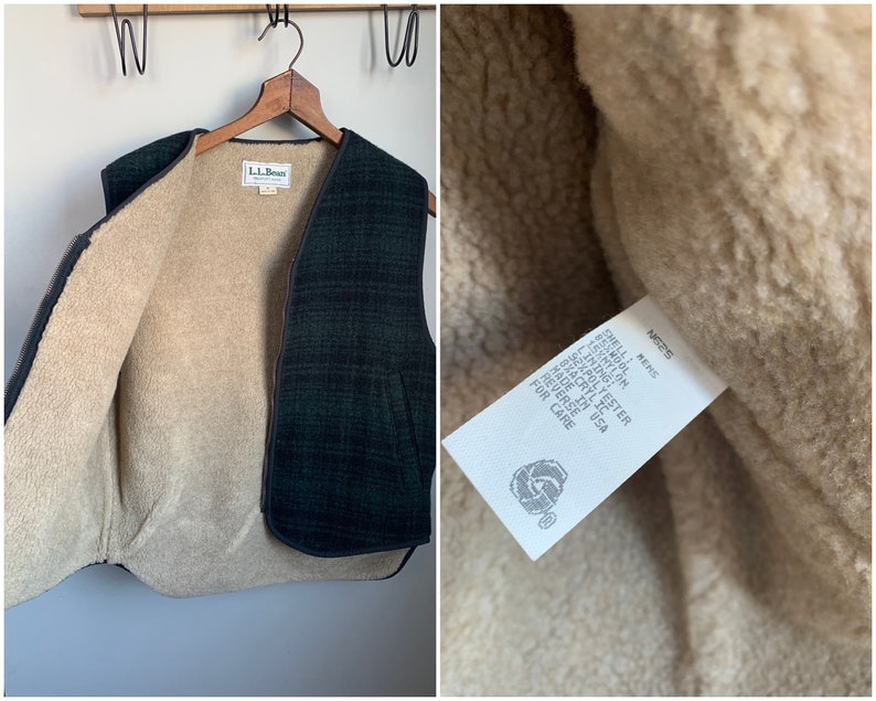 made in the USA mens size S-M vintage LL Bean wool vestblack and green plaid wool sherpa lined vest
