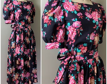 Vintage 80s Laura Ashley Dress/80s Black and Pink Floral Midi Dress/Cotton Summer Sundress/size XS-S 28 W
