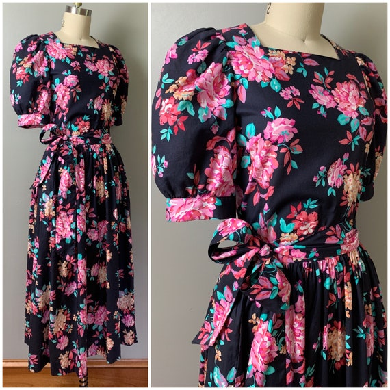 Vintage 80s Laura Ashley Dress/80s Black and Pink… - image 1