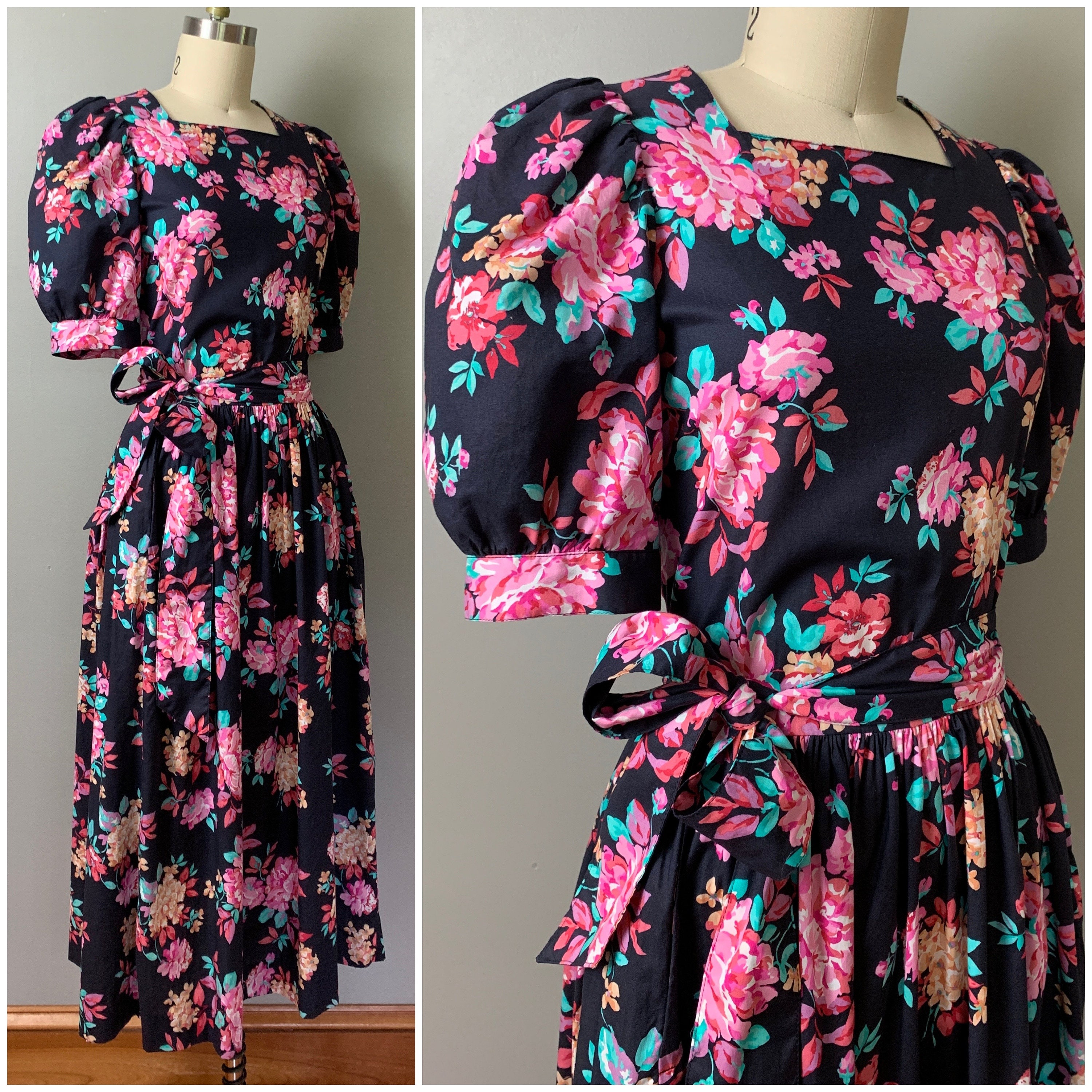 Vintage 80s Yellow Floral Cottage Core puff sleeve laura