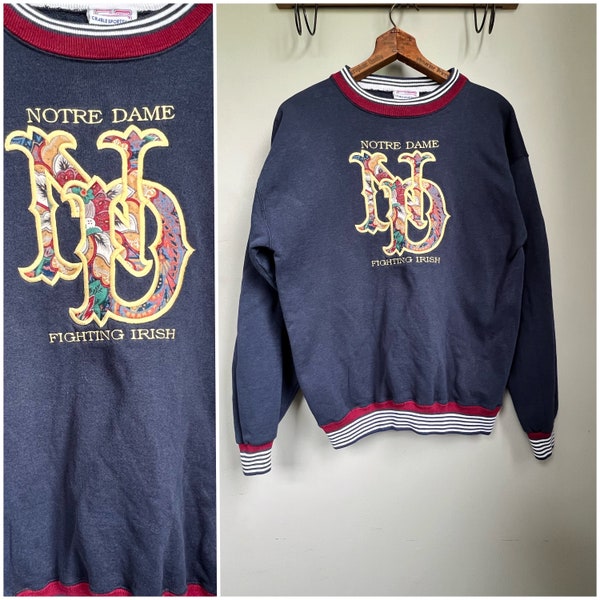 Vintage 90s Notre Dame Sweatshirt/1990's Notre Dame Fighting Irish Embroidered Crewneck Pullover Sweatshirt/Cotton Sweater/Size S-M