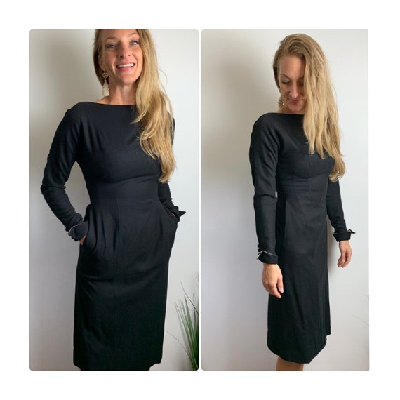 50s wool dress//1950s little black dress with high