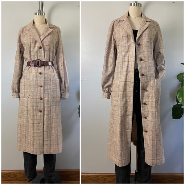 Vintage 60s Wool Plaid Duster Jacket/1960's Long Sleeve Plaid Button Front Midi Shirtdress/Fall Winter Wool Dress/Size S-M