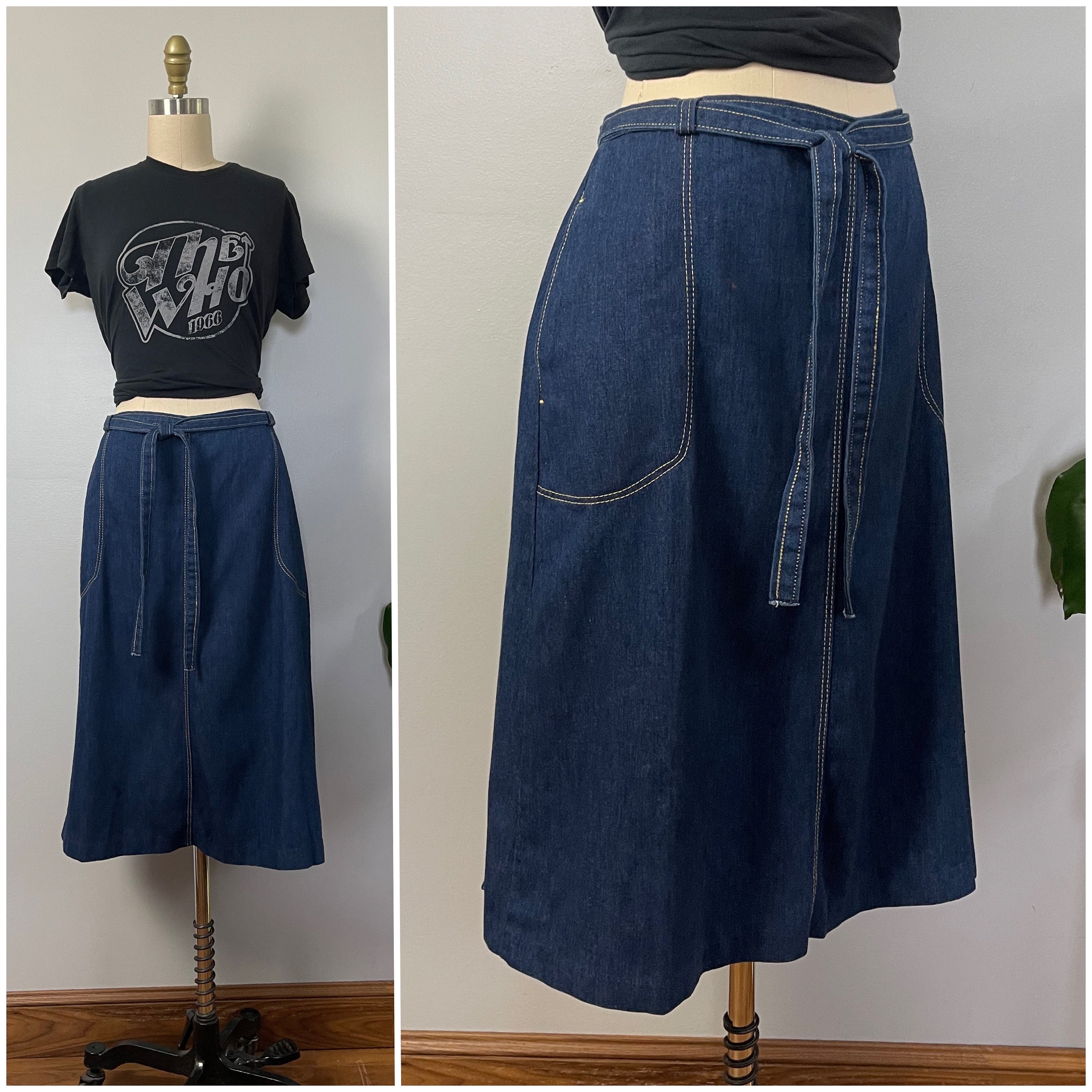 Vintage 70s Denim Wrap Skirt 1970 s Fancy Props Cotton Denim Wrap Tie Skirt boho Hippie Jean Skirt size M L 3032 Waist Etsy
