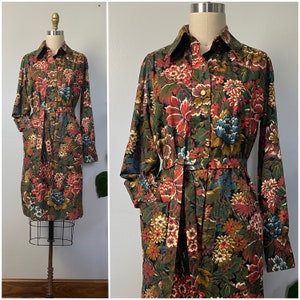 Vintage 50s Floral Dress/1950&#39;s Adele Fashions Moody Floral Cotton House Dress/Fall Autumnal Floral Long Sleeve Shirt Dress/Size XS-S