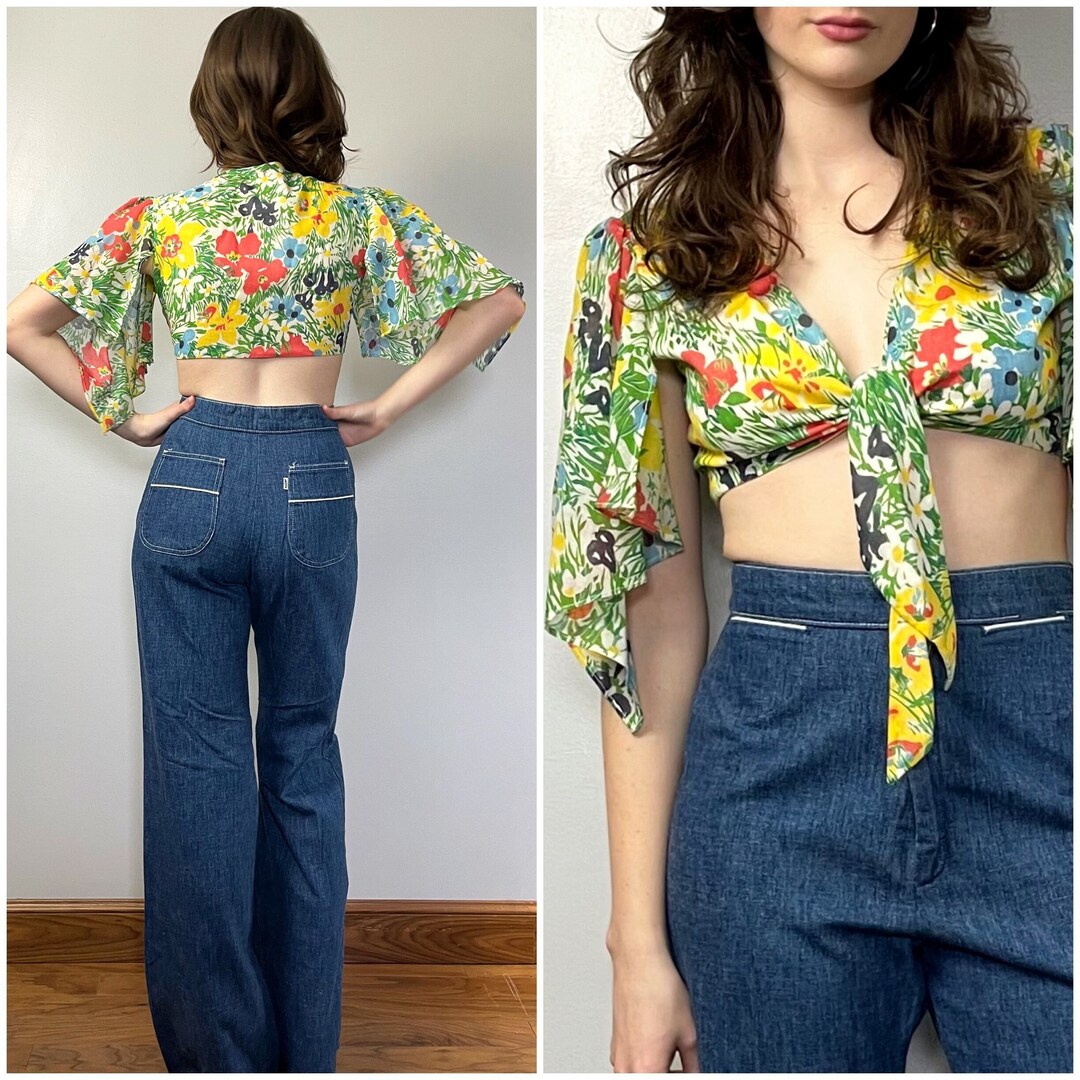 Vintage 70s Floral Crop Top/1970's One Two Three Tie Front - Etsy