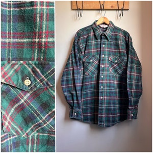 Vintage 90s Plaid Cotton Flannel Shirt/1990&#39;s Winter Run Green Plaid Heavyweight Cotton Button Down/Button Up Collared Shirt/Size L XL