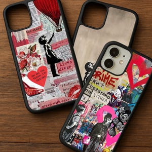 May include: Three black phone cases with unique designs. One case features a collage with a red hot air balloon, a silhouette of a person, and the text "Lives dream". Another case has a graffiti-style design with the word "CRIME". The third case has a neutral background.
