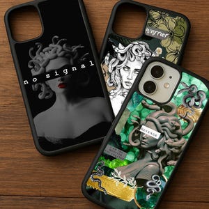 May include: Three black phone cases with Medusa-themed designs. One case features a black and white image with the text "no signal." Another has a Medusa illustration with the word "warrior." The third case has a green collage with the word "revenge."
