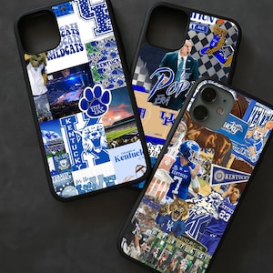 May include: Three black phone cases with collage designs featuring the University of Kentucky Wildcats. The designs include team logos, images of players, and the text "CATS", "KENTUCKY", and "WILDCATS" in blue and white.