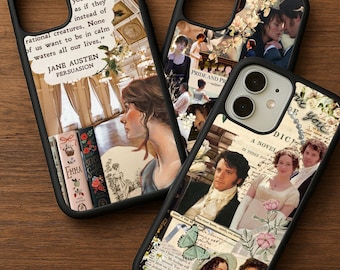May include: Three black phone cases with literary themes. One case features a quote from Jane Austen's Persuasion, another showcases Pride and Prejudice imagery, and the third displays a collage of novel scenes.