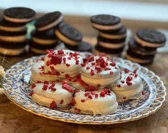 Berry Marshmallow Stuffed Oreo Cookie Sandwiches Dipped in White Chocolate