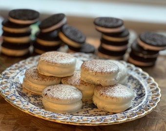 Coffee Marshmallow Stuffed Oreo Cookie Sandwiches Dipped in White Chocolate