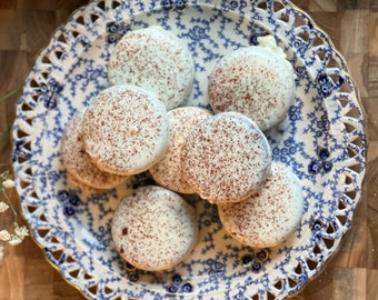 Coffee Marshmallow Stuffed Oreo Cookie Sandwiches Dipped in White Chocolate (Gluten-Free)