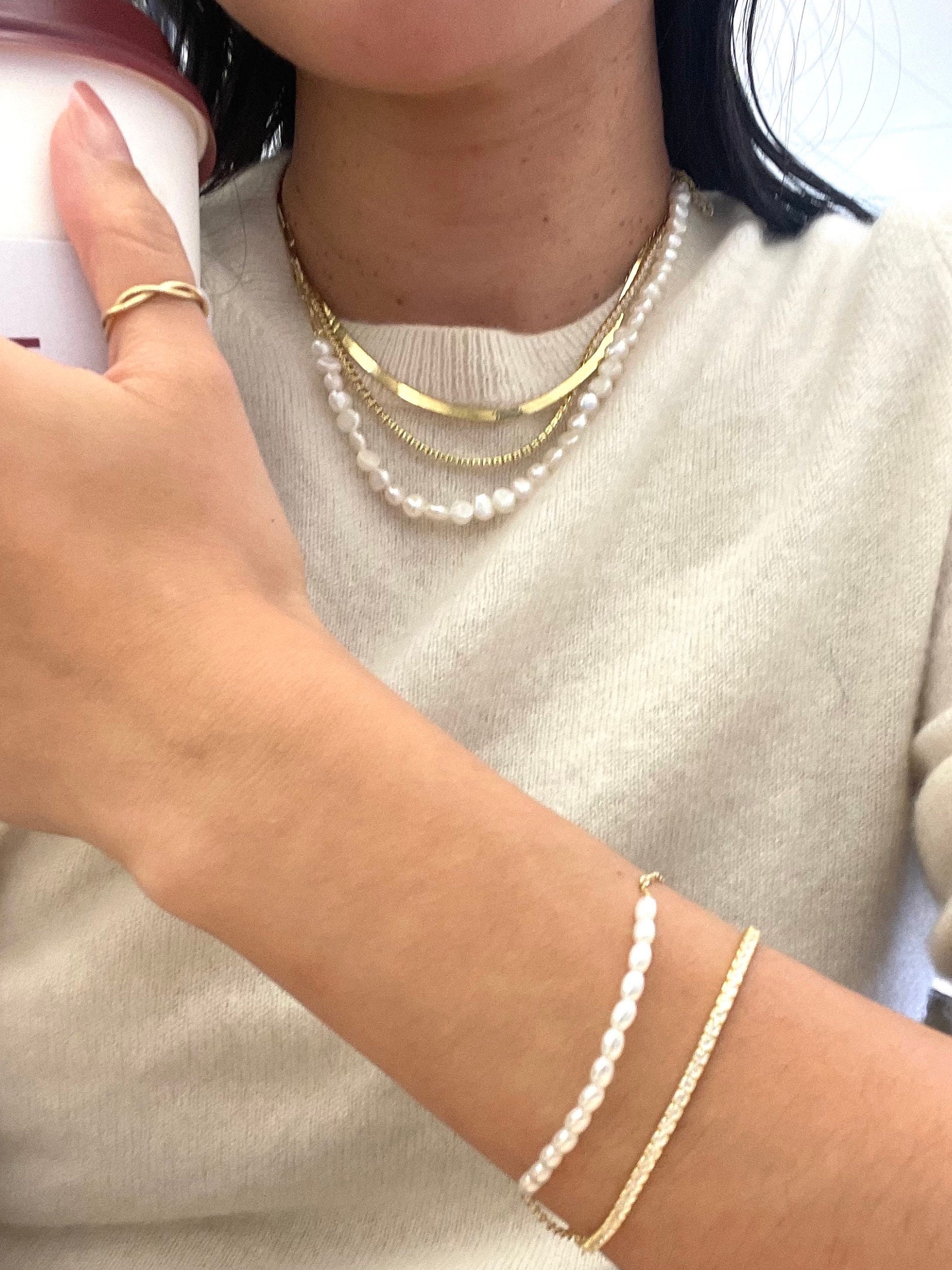 New Authentic Pearl Necklace With 14k Gold Plated Paper Clip