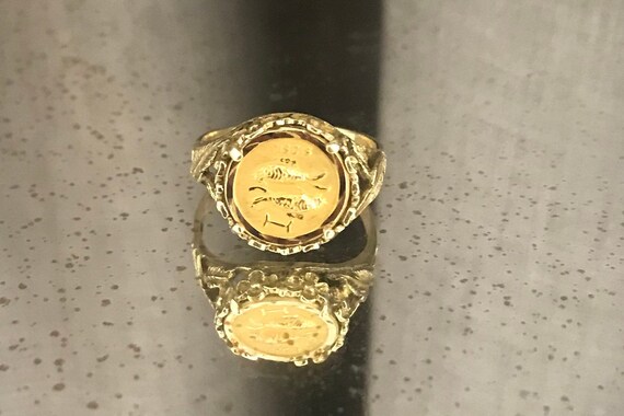 10k solid gold zodiac piscis coin nugget ring prec