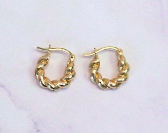 Pendientes de aro Ari retorcidos de oro macizo de 18k: pequeños aros de oro