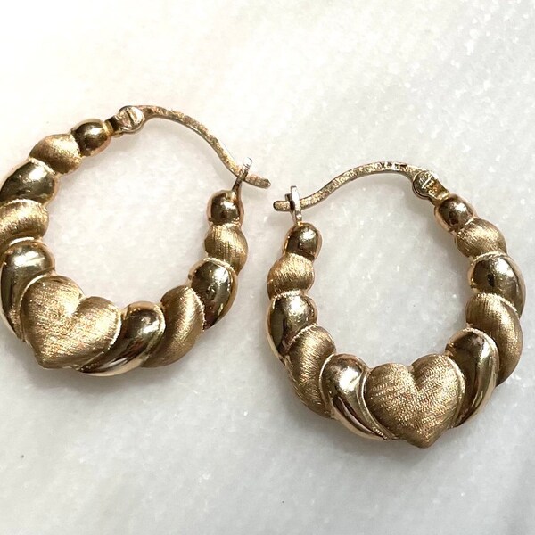 14k solid gold puffy heart hoop earrings with textured design feminine and beautiful fine vintage jewelry