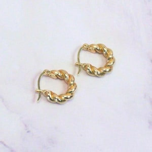 New 18k Solid Gold Twisted Mini Ari Hoop Earrings – Petite Elegance with a Twist– Real Gold Bold Mini Hoops