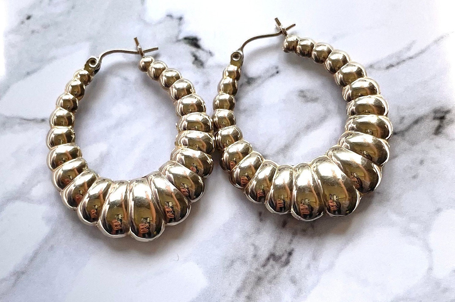 14k Solid Gold Large Shrimp Earrings Croissant Hoop Earrings With