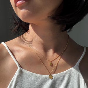 May include: A layered gold necklace set. The top necklace features a small, textured pendant, while the lower necklace has a circular pendant with a design. The necklaces are worn over a white tank top.