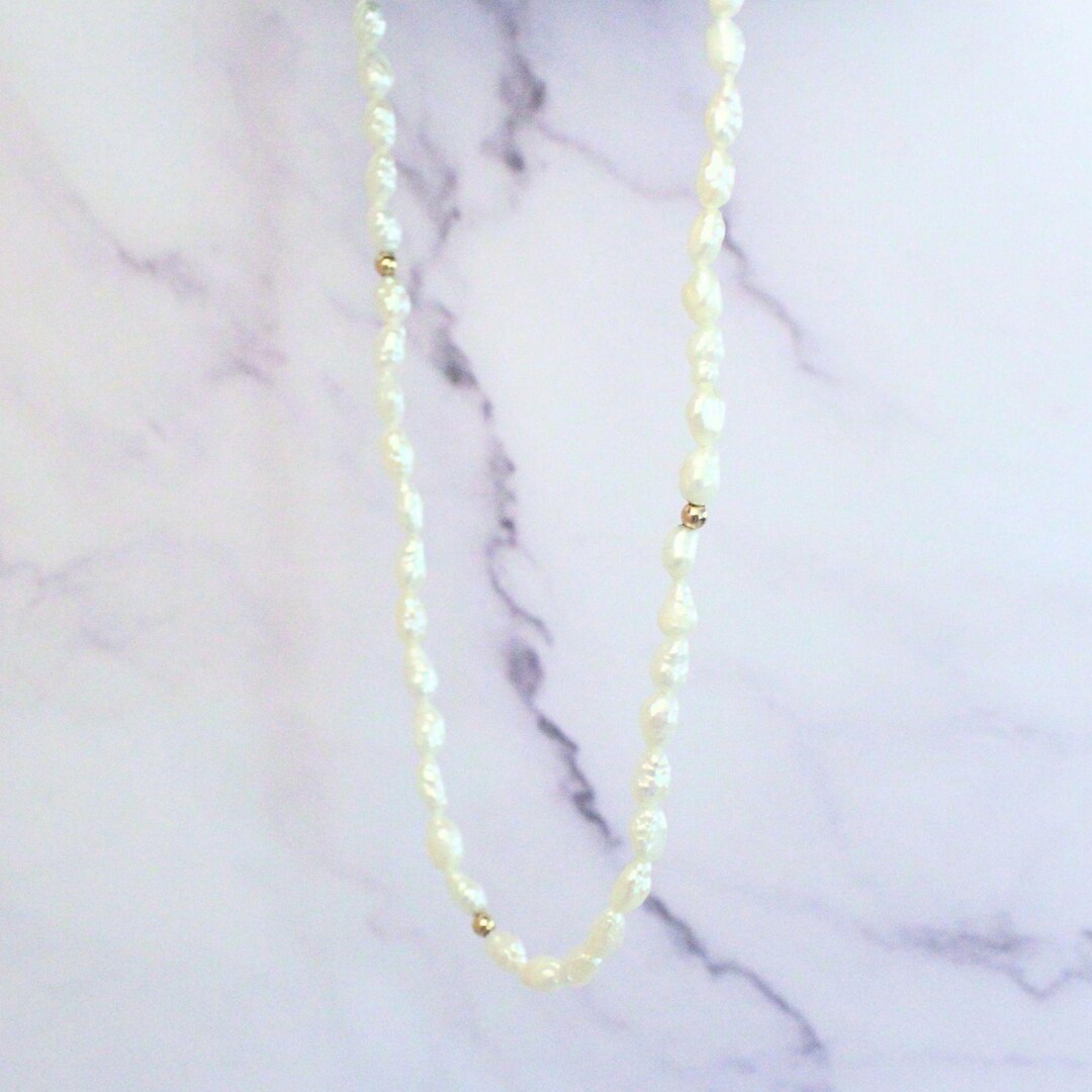 Authentic Rice Pearl 18” Necklace With 14k Solid Gold Beads Precious ...