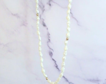 Authentic Rice Pearl 18” Necklace With 14k Solid Gold Beads Precious Fine Vintage Jewelry