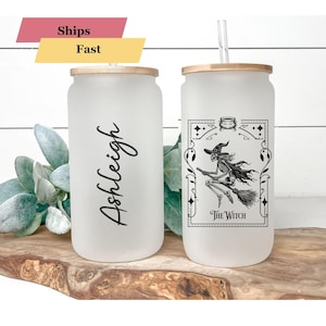Personalized Witch Tarot Iced Coffee Cup: Frosted Glass Tumbler, Bamboo Lid