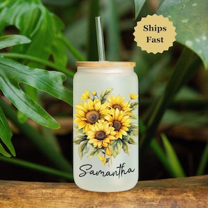 Sunflower Gifts, Personalized Iced Coffee Cup, Gift for Bridesmaid, Frosted Tumbler, Custom Glass Cup Gift for Mom, Bamboo Lid and Straw